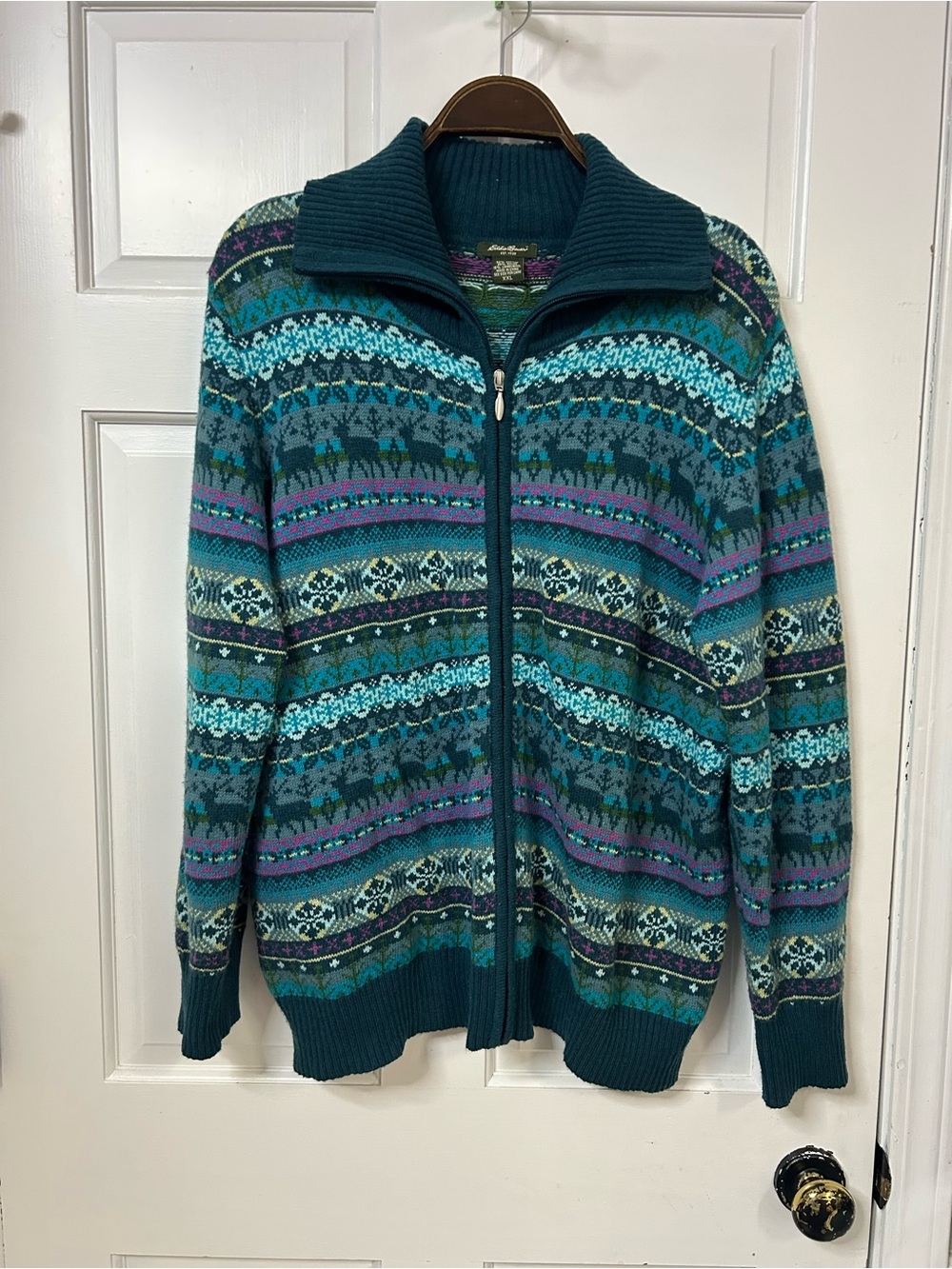 Vintage Wool Eddie Bauer Teal Fair Isle Zip Cardigan with Aqua and Purple Stripe